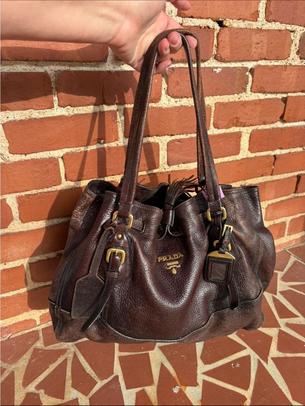 Prada Cervo Antik Drawstring Tassel Tote Brown - Picture 5 of 5